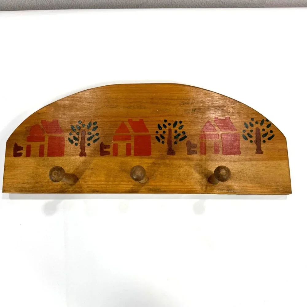 Vintage Country Folk Art Wooden Wall Rack 3 Peg House Tree Stencil Farmhouse